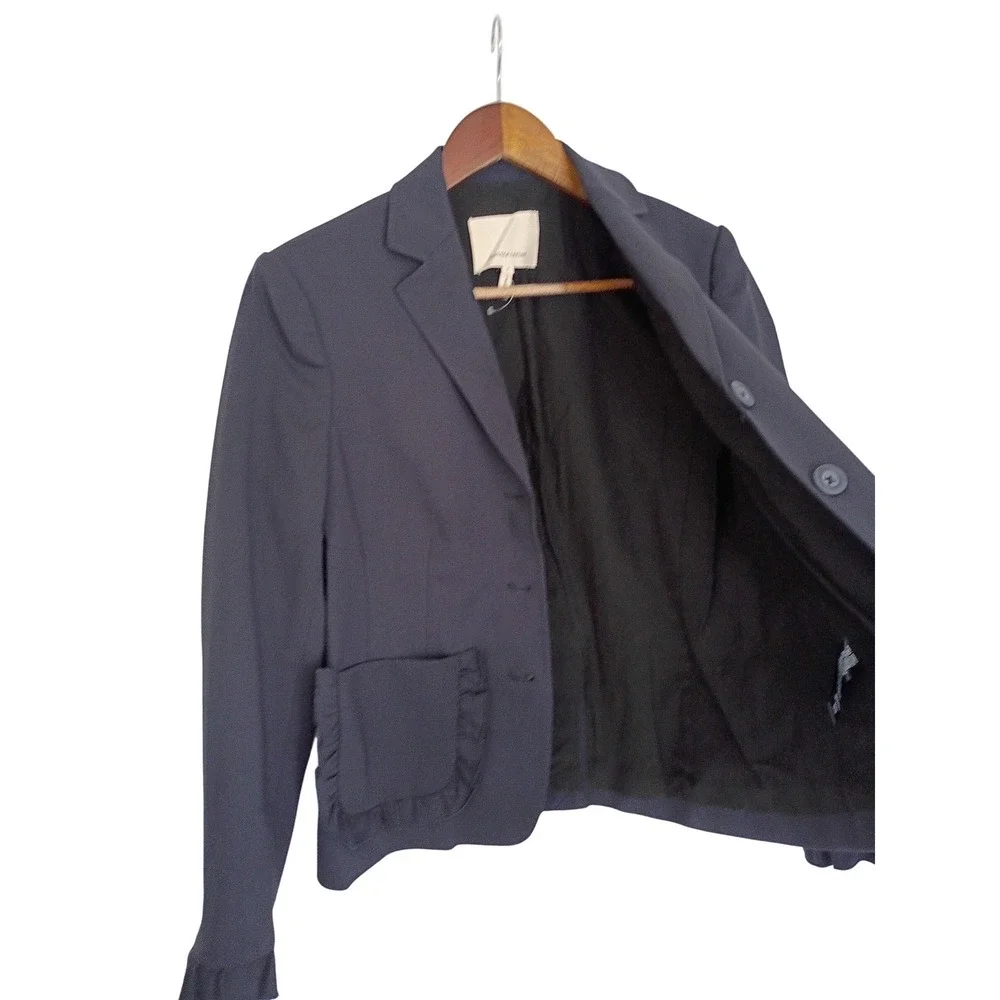 Rebecca Taylor Navy Wool Blend Ruffle Trim Tailored Blazer Jacket Sz‎ 4 S $450